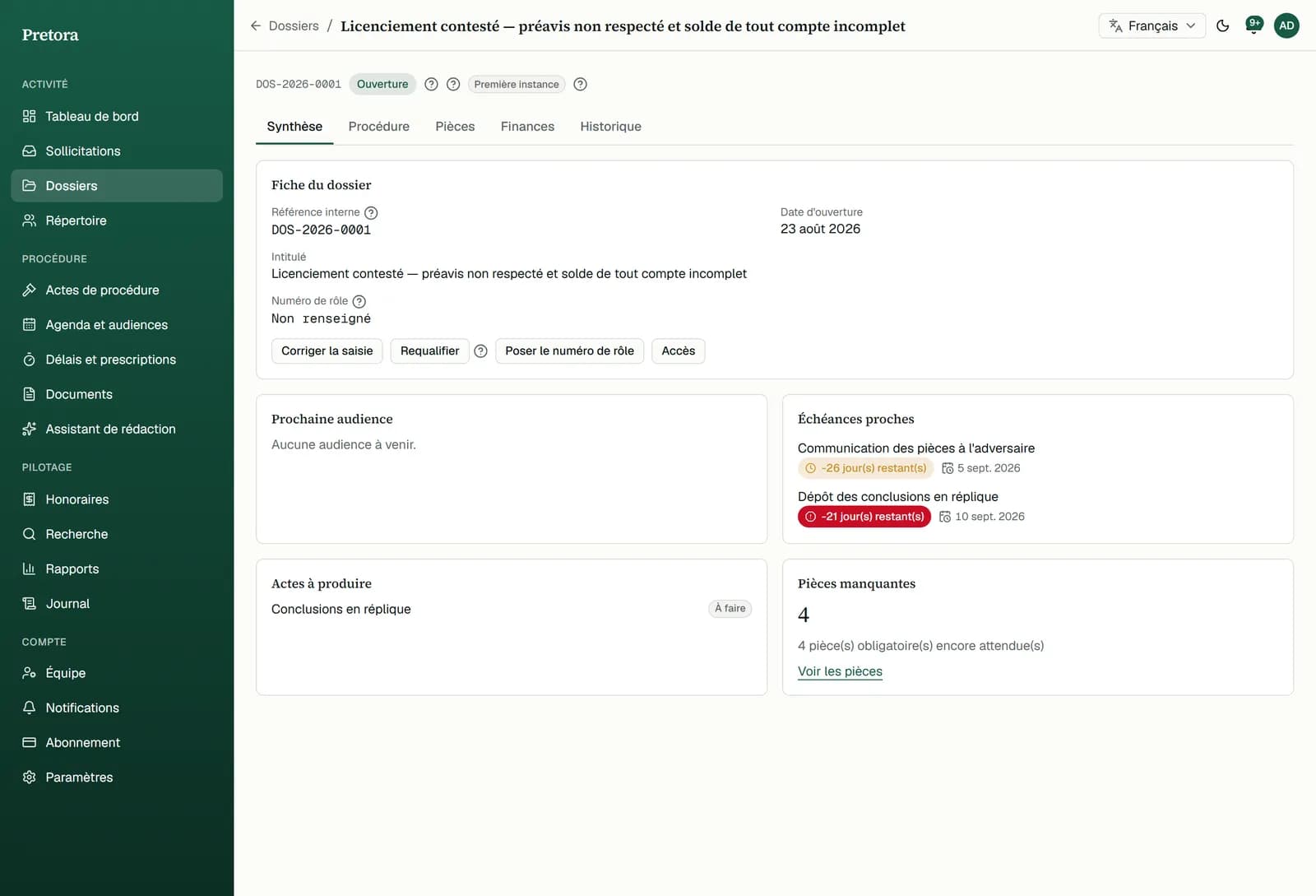 Pretora — summary of a litigation file