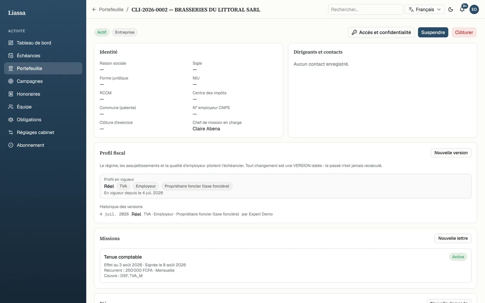 Liassa — Le dossier d'un client
