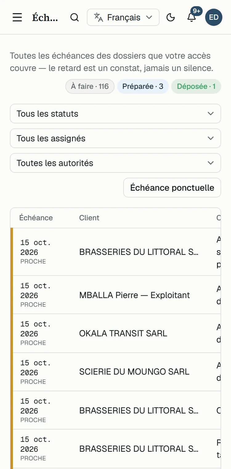 Le mur d'activité du cabinet sur téléphone : ce qui a été déposé, relancé, validé, dans la journée.