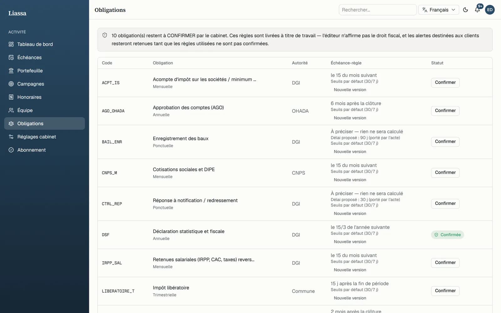 Le référentiel d'obligations